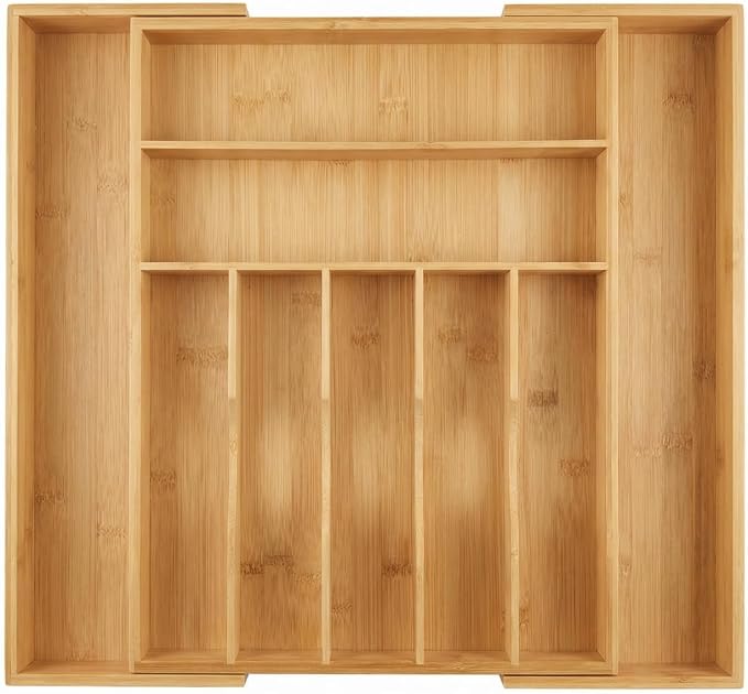 Expandable Bamboo Silverware Drawer Organizer – Adjustable 21" Wide Wooden Utensil Tray with 9-Compartments, Large Kitchen Flatware & Spoon Holder, Natural Solid Wood for Drawers
