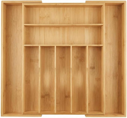 Expandable Bamboo Silverware Drawer Organizer – Adjustable 21" Wide Wooden Utensil Tray with 9-Compartments, Large Kitchen Flatware & Spoon Holder, Natural Solid Wood for Drawers
