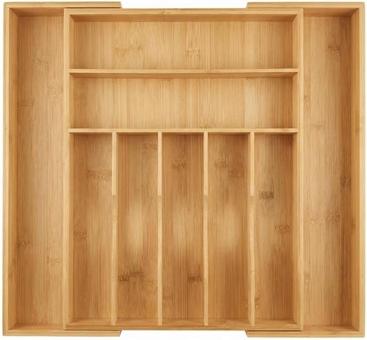 Expandable Bamboo Silverware Drawer Organizer – Adjustable 21" Wide Wooden Utensil Tray with 9-Compartments, Large Kitchen Flatware & Spoon Holder, Natural Solid Wood for Drawers