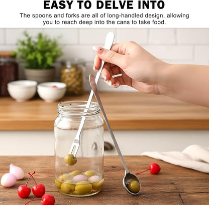 4 Pcs Pickle Fork and Olive Spoon Set, 7.48Inch Olive Spoons with Holes, 8.07Inch Pickle Forks, for the Jar, Suitable for Olives Pickles Onion Cucumber(COLOR:Silver)