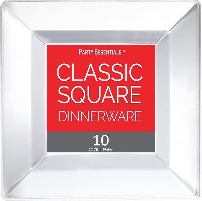 Party Essentials Party Supplies Disposable Classic Square Plastic Plates For Wedding/All Occasions, 10.75", 10-Count, Clear