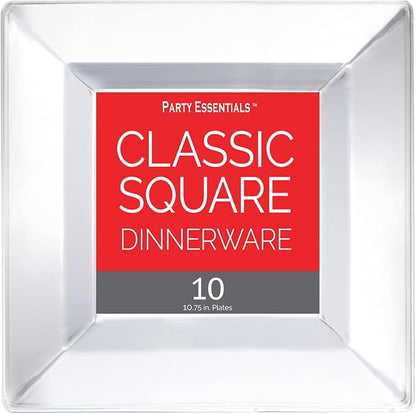 Party Essentials Party Supplies Disposable Classic Square Plastic Plates For Wedding/All Occasions, 10.75", 10-Count, Clear
