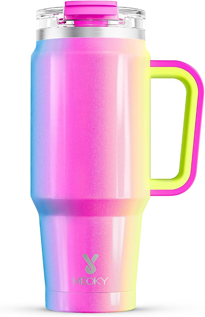 Meoky 32 oz Tumbler with Handle, Insulated Tumbler with Lid and Straw, Stainless Steel Travel Mug, Keeps Cold for 24 Hours, 100% Leak Proof, Fits in Car Cup Holder (Carnival)