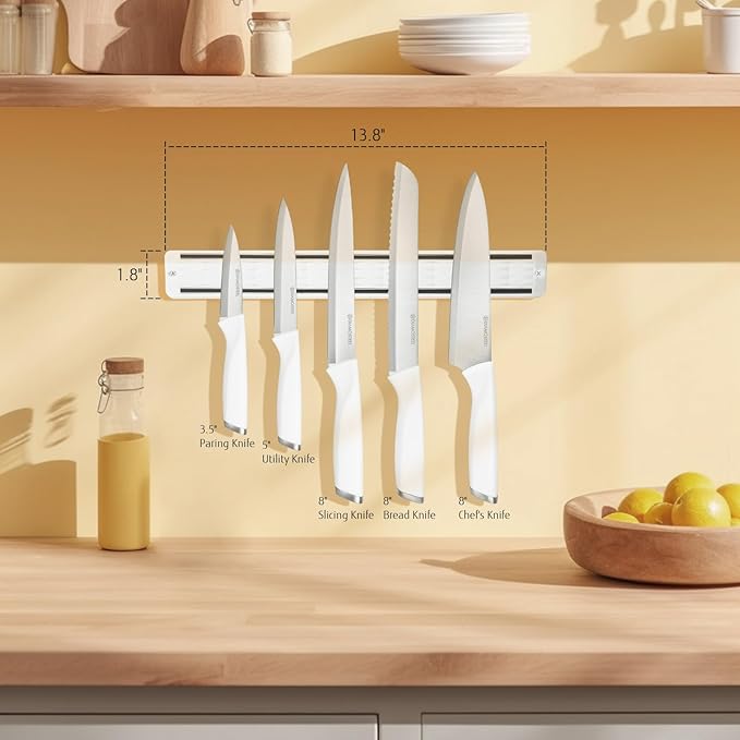 6-Piece White Knife Set with Magnetic Strip for Wall, Ultra Sharp Magnetic Knives Set for Kitchen, Dishwasher Safe Small Knife Set for Meat Vegetable Cutting