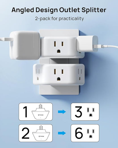 TROND 360 Rotating Plug Outlet Extender 2 Pack, 3 Way Angled Wall Outlet Adapter, Small Multiple Plug Splitter for Bathroom Kitchen Cruise Ship Travel Essentials, White