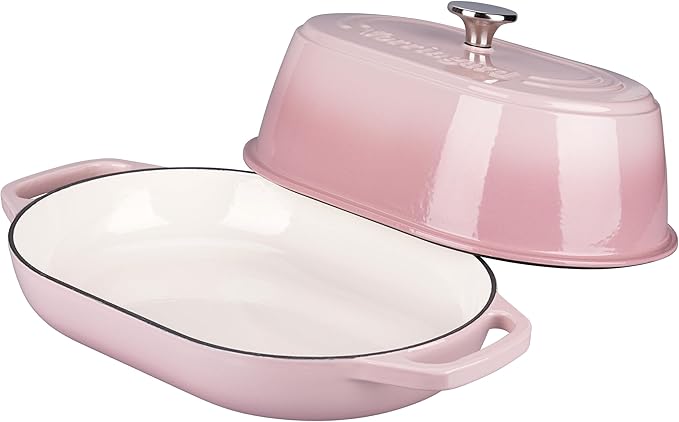 VORRINGARD Enameled Cast Iron Dutch Oven Pot with Dome Lid, Oval Bread Oven for Homemade Sourdough Bread Baking, Oven Safe up to 500°F, 6 Quart, Pink
