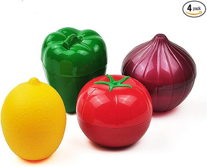 4 PCS Fruit and Vegetable Shaped Food Saver Storage Containers Holder Refrigerator Vegetable Crisper(Onion, tomato, lemon, green pepper)
