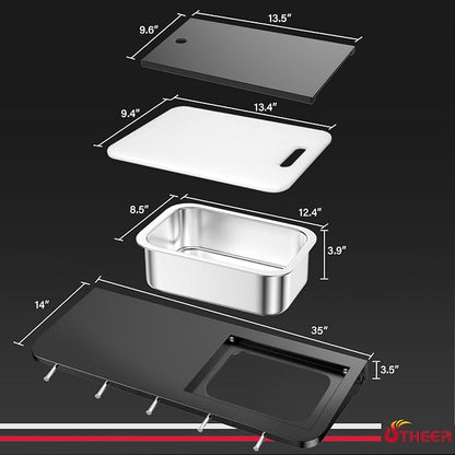 Utheer Front Folding Grill Table for Weber Searwood XL 600 – 35" x 12.5" Large Front Shelf with Stainless Steel Basin, Works Cutting Board, Lid & 5 Hooks, Heavy-Duty Weber Searwood XL 600 Accessories