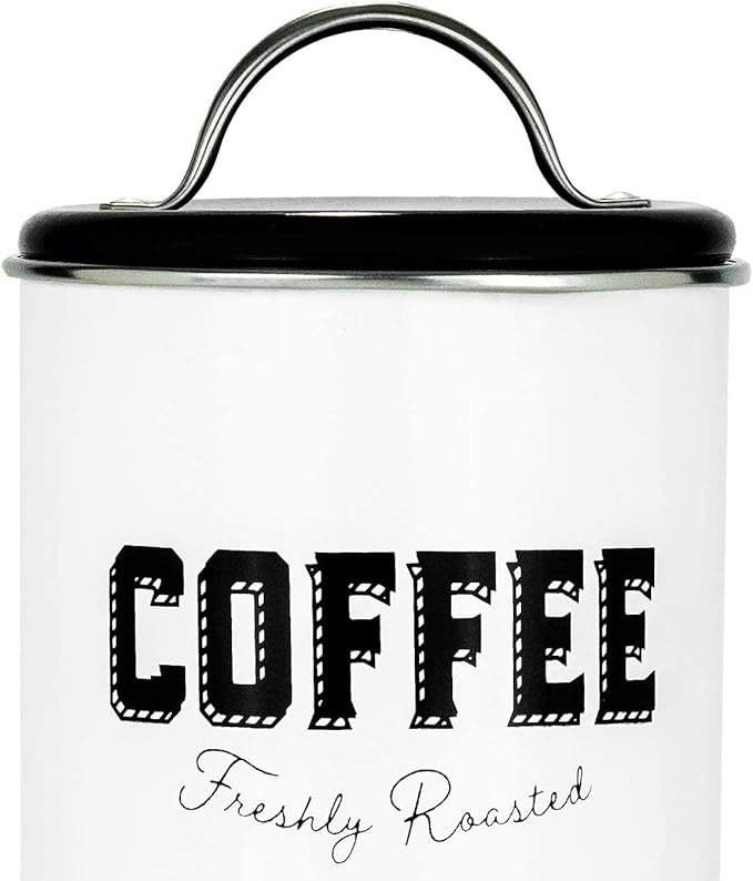 Amici Home Cottage Metal Coffee Canister (Small) - 42 oz Modern Black & White Tin with Handle Lid, Classic Typography Design for Coffee Storage - Rustic Kitchen Storage, Holiday Coffee Bar Decor
