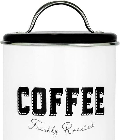 Amici Home Cottage Metal Coffee Canister (Small) - 42 oz Modern Black & White Tin with Handle Lid, Classic Typography Design for Coffee Storage - Rustic Kitchen Storage, Holiday Coffee Bar Decor