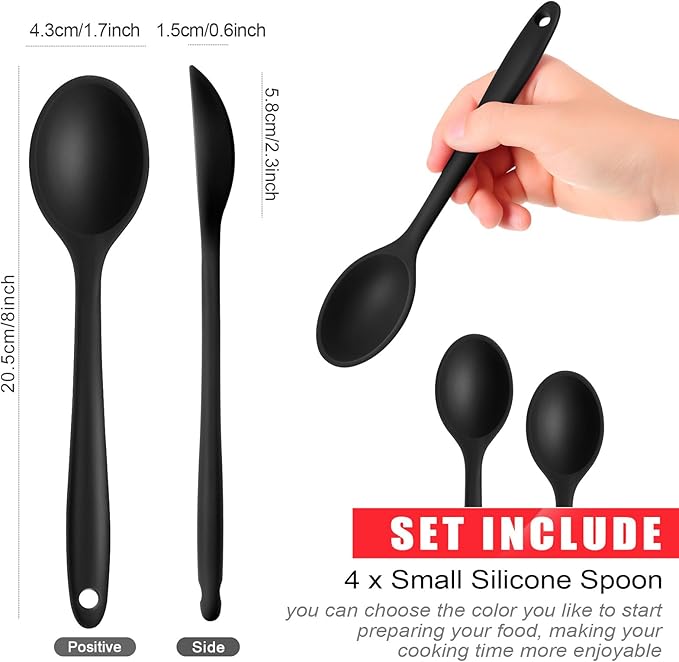 Patelai 4 Pieces Small Silicone Cooking Spoons 8 Inch Heat Resistant Silicone Serving Stirring Spoon for Kitchen Nonstick Cooking Tool Basting Utensils Dishwasher Safe(Black)