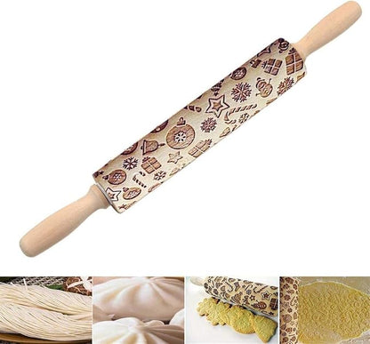 Christmas Wooden Rolling Pins, Xmas 3D Reindeer Shape Decor Embossing Rolling Pin,Christmas Patterned Rolling Pin Baking Tools (Christmas Elements)