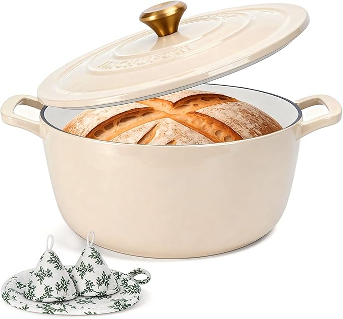 Enameled Cast Iron Dutch Oven - JINCHUFURI Cast Iron Dutch Oven with Lid 5 Quart enamel dutch ovens Pot Heavy-Duty Cookware for Sourdough Bread Baking,Stews, Roasting,Braising(white)