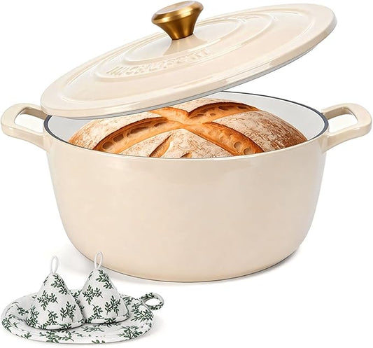Enameled Cast Iron Dutch Oven - JINCHUFURI Cast Iron Dutch Oven with Lid 5 Quart enamel dutch ovens Pot Heavy-Duty Cookware for Sourdough Bread Baking,Stews, Roasting,Braising(white)