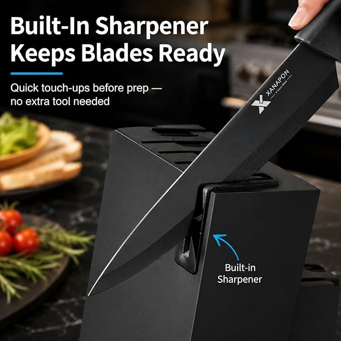 XANAPON Knife Set, 14 Pieces Kitchen Knife Set, High Carbon German Stainless Steel, Dishwasher Safe Cutlery with Built-in Knife Sharpener, Black
