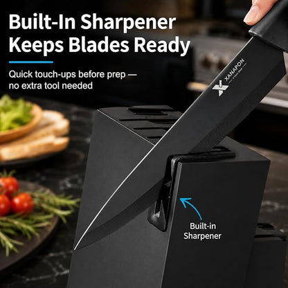 XANAPON Knife Set, 14 Pieces Kitchen Knife Set, High Carbon German Stainless Steel, Dishwasher Safe Cutlery with Built-in Knife Sharpener, Black
