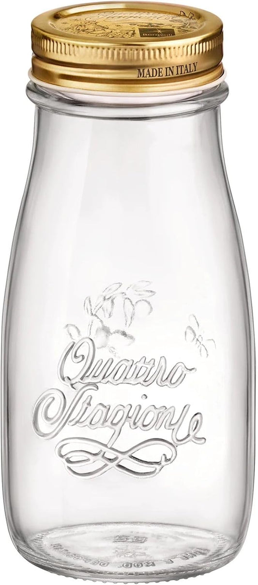 Bormioli Rocco Quattro Stagioni, Glass Canning Jar and Drinking Bottle, 13.5 Oz. with Gold Metal Airtight Lid, Made in Italy.