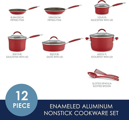 Rachael Ray Cucina Nonstick Cookware, Cranberry Red Pots and Pans Set, 12-Piece