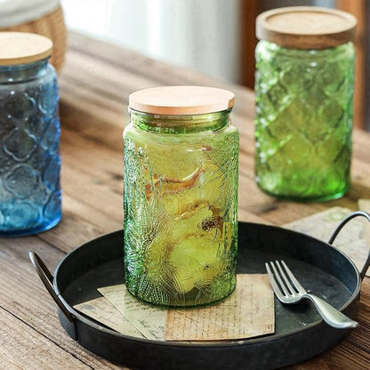 ANSQU Green Glass Canister Jars, 34oz Candy Jars with Lids, Vintage Colored Mason Jars for Kitchen Decorative Jar for Coffee Tea Candy Cookies, Cute Jar (Green, 2 Pack)
