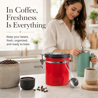 Mixpresso 16 Oz Red Coffee Canister, Stainless Steel Airtight Coffee Container, Air tight Jar Tea Storage with Date Tracker, Vacuum Sealed Espresso Airtight Canister, Sugar Container for Home