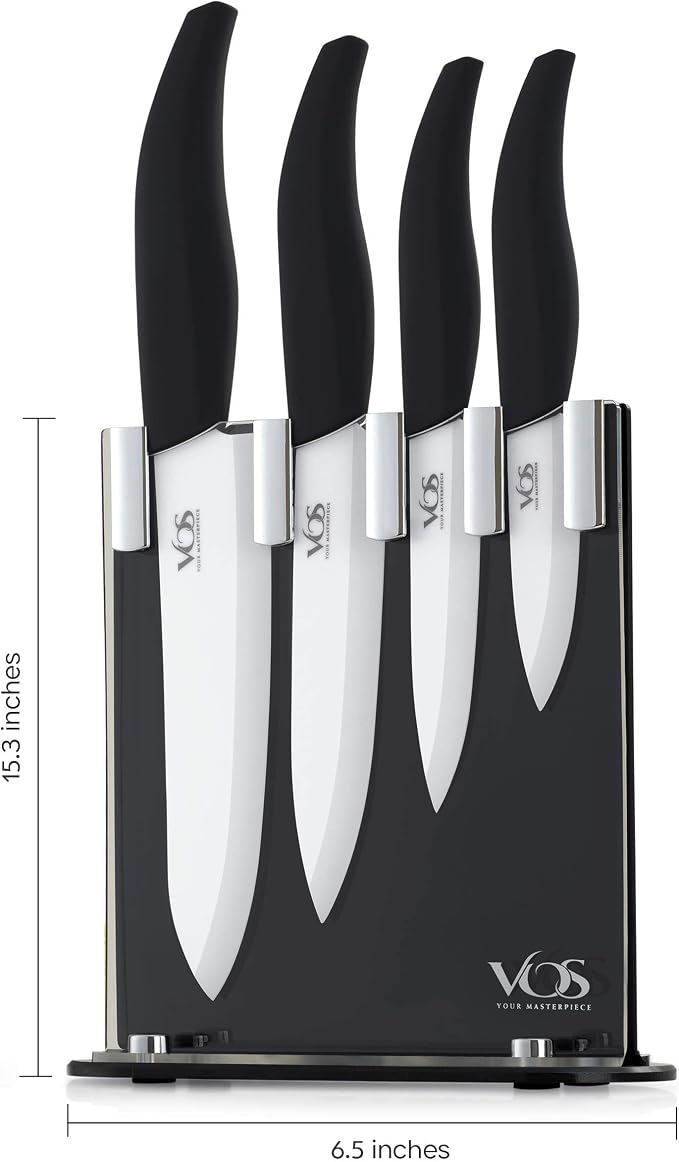 Vos Ceramic Knife Set with Block, Ceramic Knives Set For Kitchen, Ultra Sharp Kitchen Knife Set with Covers, 3" 4" 5" 6" Chef Knife, Utility, Paring & Versatile, Lightweight, Dishwasher safe (Black)