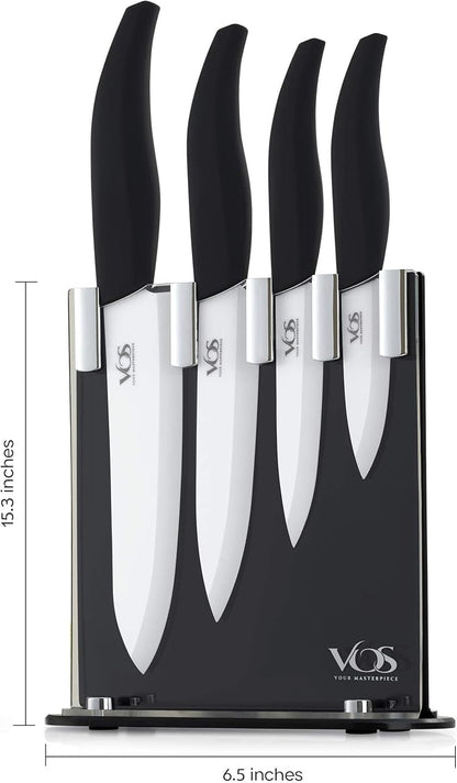 Vos Ceramic Knife Set with Block, Ceramic Knives Set For Kitchen, Ultra Sharp Kitchen Knife Set with Covers, 3" 4" 5" 6" Chef Knife, Utility, Paring & Versatile, Lightweight, Dishwasher safe (Black)