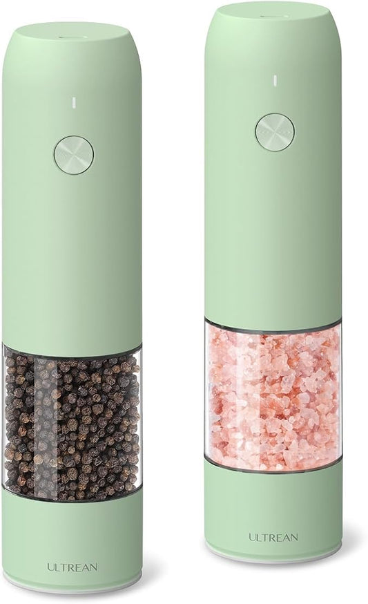 Ultrean Pepper Grinder, Rechargeable Salt and Pepper Grinder with 6 Adjustable Coarseness, LED Light, One-Hand Automatic Operation, Green
