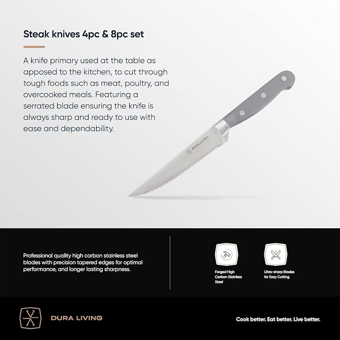 DURA LIVING Premium 4-Piece Steak Knife Set – Sharp Serrated Blades, Forged High Carbon Stainless Steel, Full Tang, Ergonomic Handle, Elegant Gray Finish – Ideal for Dining & Entertaining