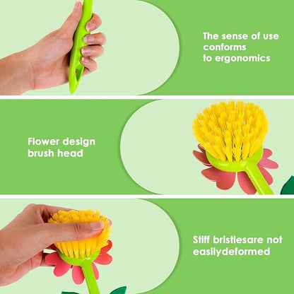 Long Handle Vegetable and Fruit Brush, Florganic Dish Brush with Vase, Long Handle Dish Brush Kitchen, for Cleaning Pot Pan Sink Kitchen Supplies Decorative Vase (2 Pcs Blue, Pink)