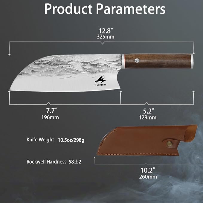 Hand Forged Chef Knife, 7.6-inch High Carbon Stainless Steel Blade for Slicing, Ash Wood Handle, with Leather Sheath, Suitable for Kitchen, Outdoor Cooking, BBQ