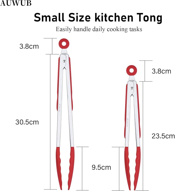 9+12 Inch Red Salad Tongs 2-Piece Set, Silicone with 304 Stainless Steel Core & Non-Slip Grip, Kitchen Utensils for Grilling Salad
