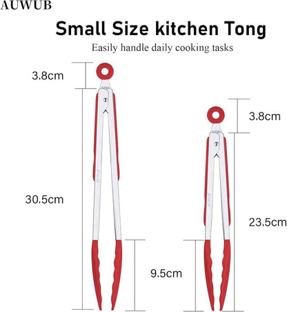9+12 Inch Red Salad Tongs 2-Piece Set, Silicone with 304 Stainless Steel Core & Non-Slip Grip, Kitchen Utensils for Grilling Salad