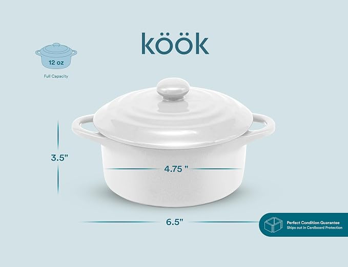 Kook Ceramic Mini Cocotte Set, Small Casserole Dishes with Lids and Handles, Individual Baking Ramekins, Oven safe 350F, Microwave & Dishwasher Safe, Stoneware, 12 oz, Set of 4, (Swiss White)