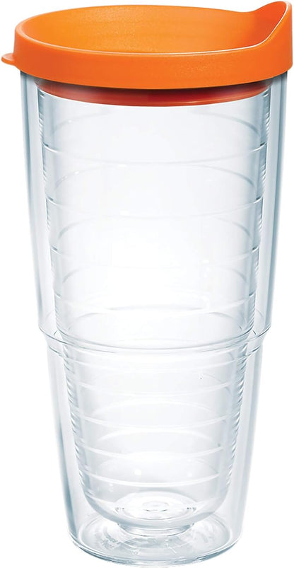 Tervis Clear & Colorful Lidded Made in USA Double Walled Insulated Tumbler Travel Cup Keeps Drinks Cold & Hot, 24oz, Orange Lid