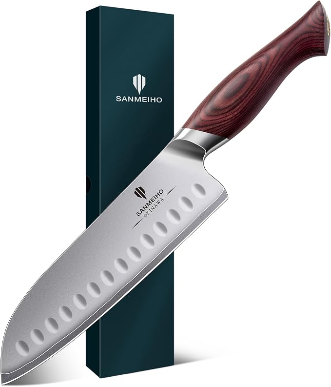 7 Inch Chef Knife, High Carbon Japanese 10Cr15Mov Stainless Steel Santoku Knife, Ultra Sharp Professional Kitchen Cooking Knife with Ergonomic Pakkawood Handle