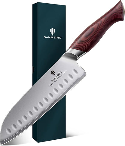 7 Inch Chef Knife, High Carbon Japanese 10Cr15Mov Stainless Steel Santoku Knife, Ultra Sharp Professional Kitchen Cooking Knife with Ergonomic Pakkawood Handle