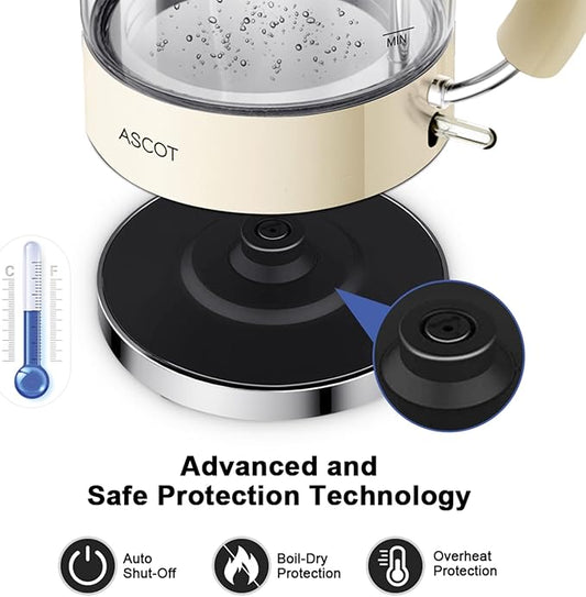ASCOT Electric Kettle, Glass Electric Tea Kettle for Men/Women/Family 1.5L 1500W Borosilicate Glass Tea Heater, with Auto Shut-Off and Boil-Dry Protection (Beige)