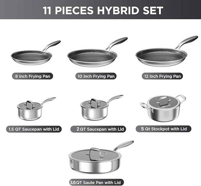 COOKER KING Stainless Steel Cookware Set, 11 Pcs Pots and Pans Set, Hybrid Ceramic Cookware,Non-Stick Frying Pans, Saucepans, Saute Pan & Stock Pot, Non-Toxic, Oven Safe, Induction Compatible