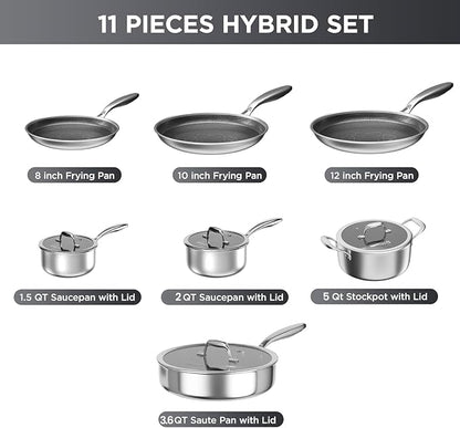 COOKER KING Stainless Steel Cookware Set, 11 Pcs Pots and Pans Set, Hybrid Ceramic Cookware,Non-Stick Frying Pans, Saucepans, Saute Pan & Stock Pot, Non-Toxic, Oven Safe, Induction Compatible