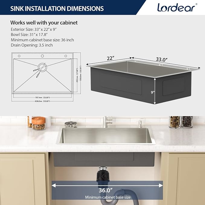 Lordear 33 Inch Drop In Kitchen Sink with Faucet Combo 33 x 22 Stainless Steel Kitchen Sink Top Mount Single Bowl 16 Gauge T304 with Drain Strainer Glass Rinser Soap Dispenser Grid Rollup Rack