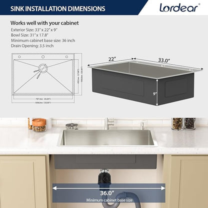 Lordear 33 Inch Drop In Kitchen Sink with Faucet Combo 33 x 22 Stainless Steel Kitchen Sink Top Mount Single Bowl 16 Gauge T304 with Drain Strainer Glass Rinser Soap Dispenser Grid Rollup Rack