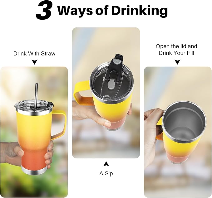 20 oz Tumbler with Handle, Stainless Steel Insulated Tumbler with Lid and Straw, Double Wall Vacuum Coffee Mug Tumbler, Insulated Coffee Thermal Cup for Cold and Hot (Yellow Orange, 20 Ounces)