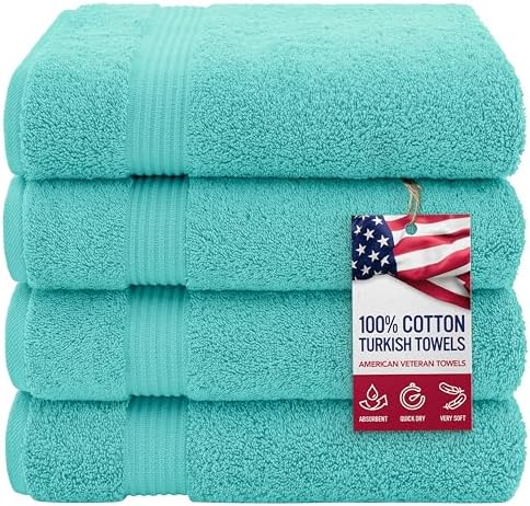American Veteran Towel, 100% Cotton Turkish Bath Towels for Bathroom 4 Pack, 27x54 Extra Large Premium Soft Drying Bathroom Towels, Turquoise Blue