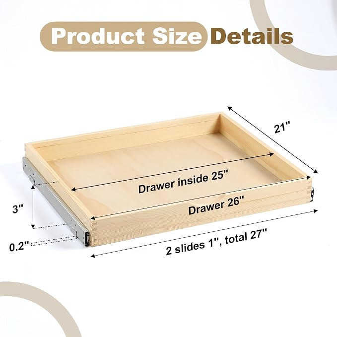 26" Pull Out Cabinet Drawer (Fits 27" Cabinet Opening), Wood Slide Out Cabinet Shelf Organizer with Ball Bearing Slides, Clear Lacquer Finish, Heavy Duty Kitchen Cabinet Pull Out Shelves
