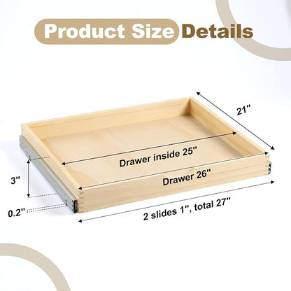 26" Pull Out Cabinet Drawer (Fits 27" Cabinet Opening), Wood Slide Out Cabinet Shelf Organizer with Ball Bearing Slides, Clear Lacquer Finish, Heavy Duty Kitchen Cabinet Pull Out Shelves