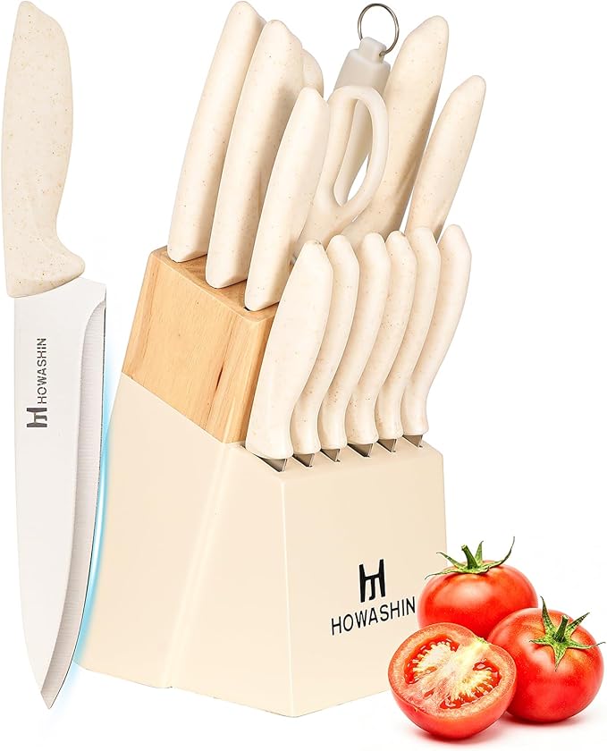 White Knife Set, 14 Pieces Kitchen Knife Set with Knife Sharpener, Knife Set with Block, High Carbon German Stainless Steel Knives Set