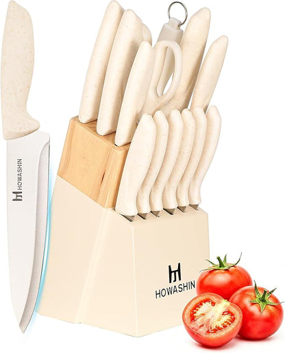 White Knife Set, 14 Pieces Kitchen Knife Set with Knife Sharpener, Knife Set with Block, High Carbon German Stainless Steel Knives Set