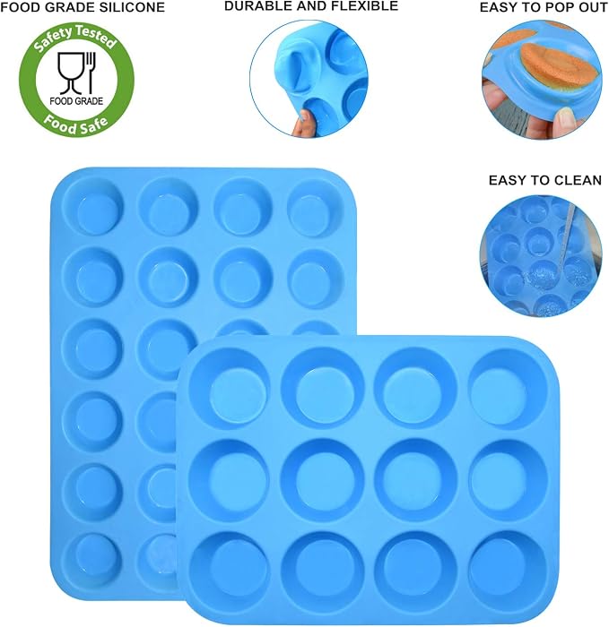 Silicone Muffin Pan Cupcake Set – Non-Stick 12 Cups and Mini 24 Cups,Silicone Baking Molds,BPA Free Muffin Tin with 1 Spatula & 1 Oil Brush (blue)