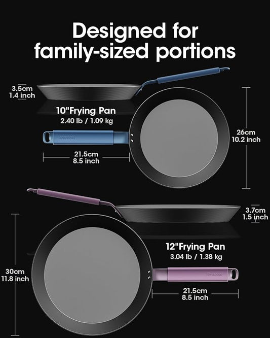 Carbon Steel Skillet Set 10 & 12 Inch, Nitrided Carbon Steel Frying Pan Duo, Preseasoned Rust Resistant Cookware, Induction & Oven Safe Kitchen Set