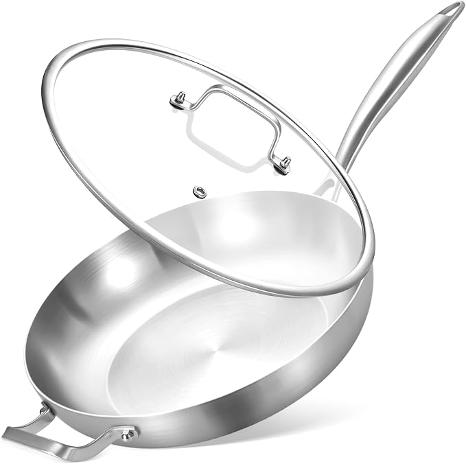 Inqibee 12 Inch Tri-Ply Stainless Steel Frying Pan with Lid and Helper Handle, Skillet, Induction Cooking Pan, Dishwasher and Oven Safe, Detachable Handle.